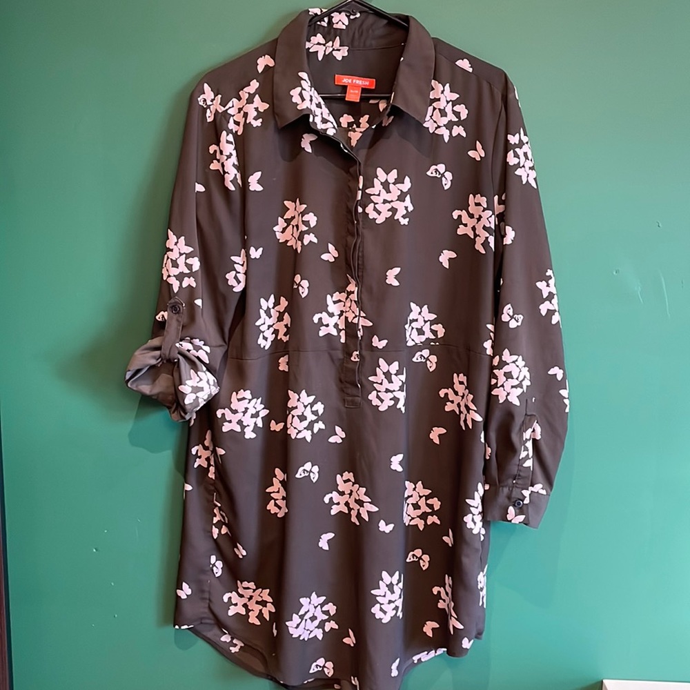 Joe Fresh XL long blouse/dress - dark green with light pink butterflies
